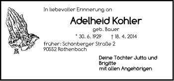 Traueranzeige von Adelheid Kohler von Pegnitz-Zeitung
